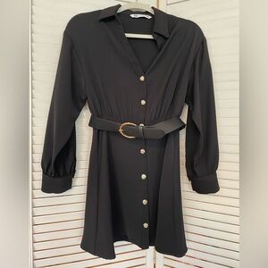 Black Zara long sleeve dress with collar and belt detail